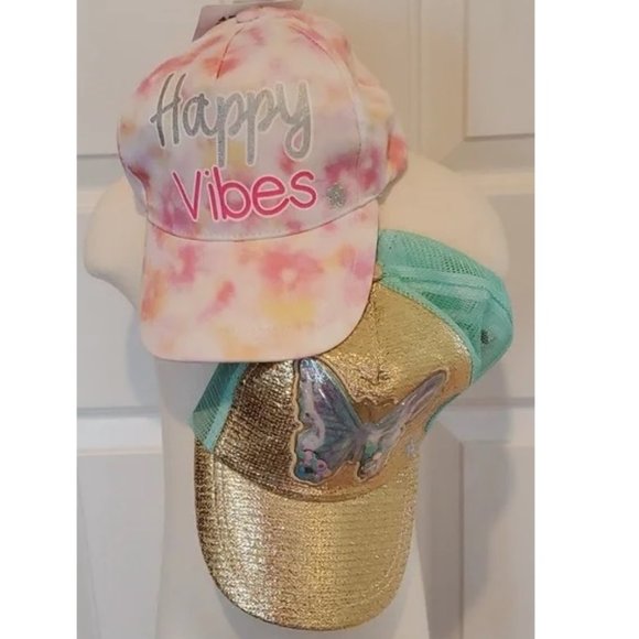 Lot of 2 Girls Limited Too Baseball Caps Hats-Happy Vibes Trucker Butterfly NWT - Picture 1 of 6